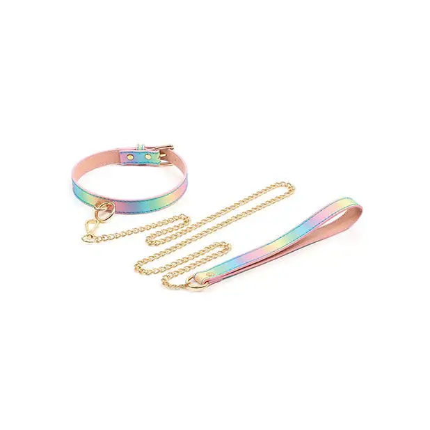 Hello Sexy! Hot Bitch Collar & Leash - Iridescent Rainbow - Bondage Blindfolds & Restraints