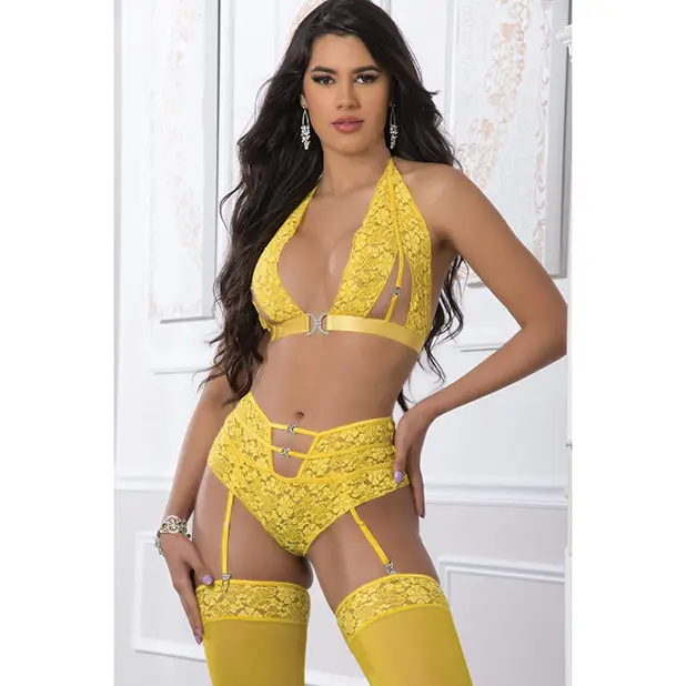 High Waist Lace Garter Panty Halter Top w/Stockings Illuminating O/S - Lingerie - Packaged
