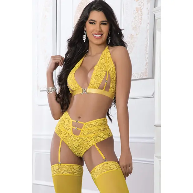 High Waist Lace Garter Panty Halter Top w/Stockings Illuminating O/S - Lingerie - Packaged