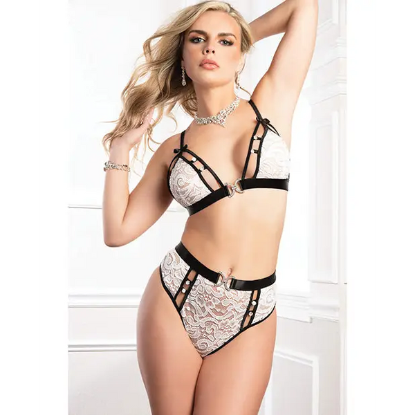 High Waist Lace Jeweled Panty & Bra White Tux O/S - Lingerie - Packaged