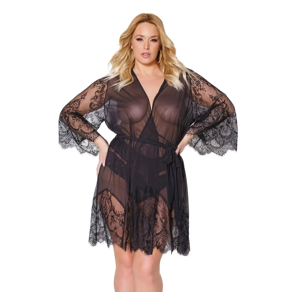 Holiday Eyelash Lace Robe w/Bell Sleeves Black OS/XL