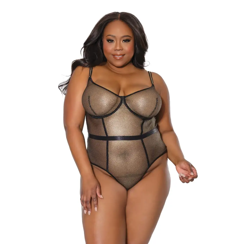 Holiday Metallic Fishnet Teddy w/Underwire Cups Black/Gold 1X/2X
