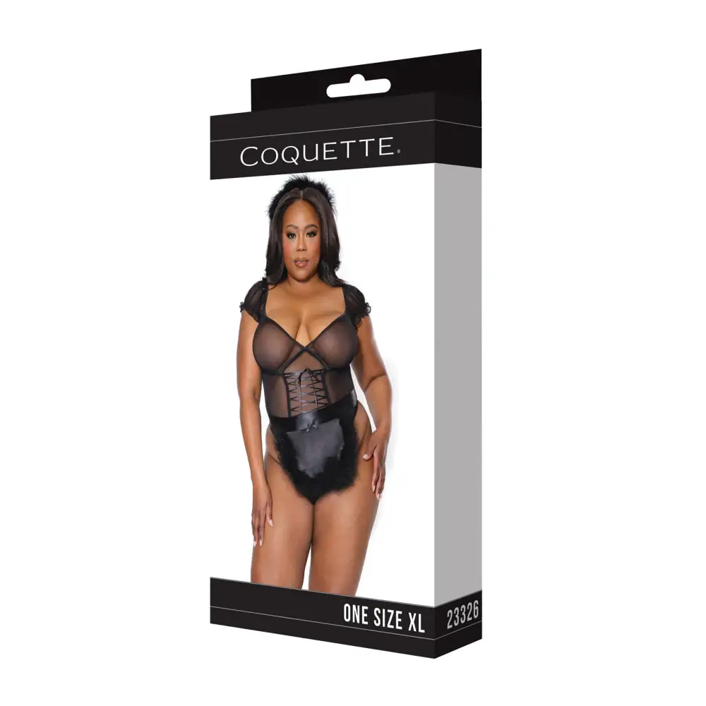 Holiday Mistletoe Maid Stretch Mesh Teddy Marabou Trimmed Apron & Headband Black OS/XL