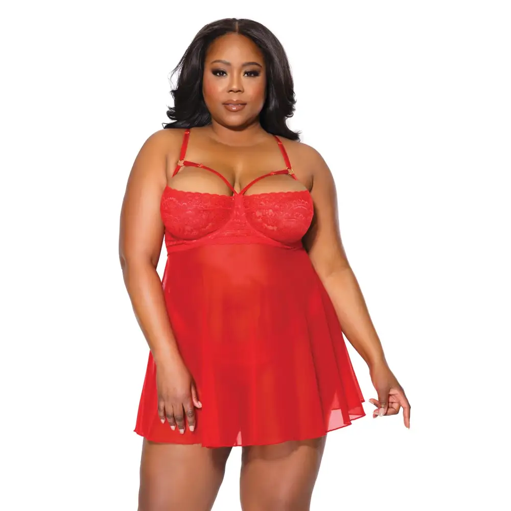Holiday Scallop Stretch Lace & Mesh Babydoll & Thong Red/Gold 3X/4X
