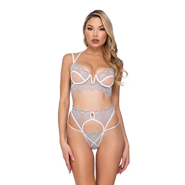 Holiday Snow Queen Metallic Snowflake Embroidered Bra & High Waisted Thong Blue/White XL - Lingerie - Hanging