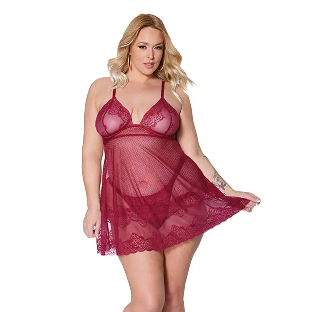 Holiday Soft Underwire Babydoll & Thong Merlot 3X/4X - Lingerie - Plus/Queen - Hanging