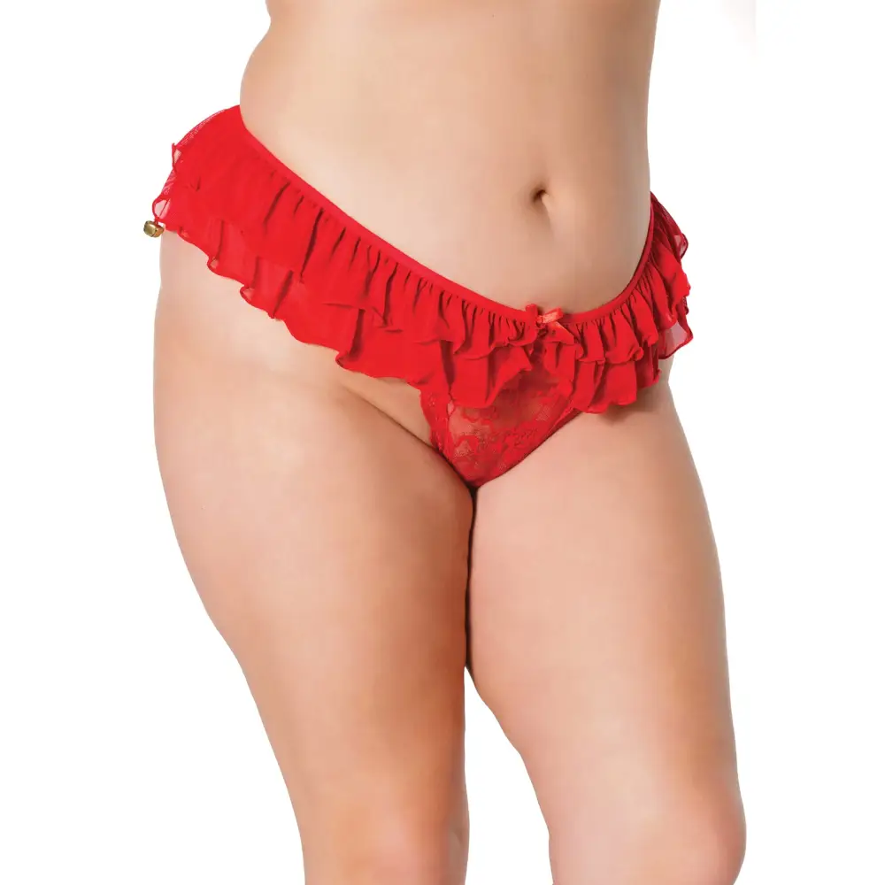 Holiday Stretch Lace & Mesh Crotchless Panty w/Ruffle Jingle Bell Waist Red OS/XL - Lingerie - Plus/Queen - Hanging