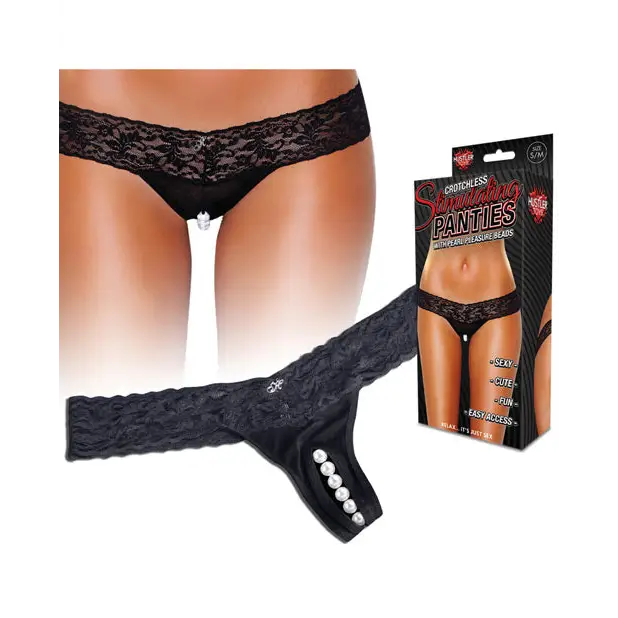 Hustler Stimulating Panties w/Pearl Pleasure Beads Black S/M - Stimulators