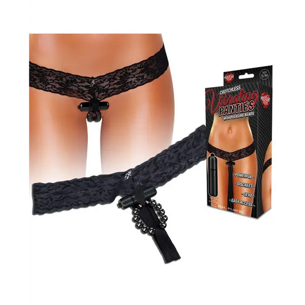 Hustler Vibrating Panties w/Hidden Vibe Pocket Bullet & Stimulation Beads Black M/L - Stimulators