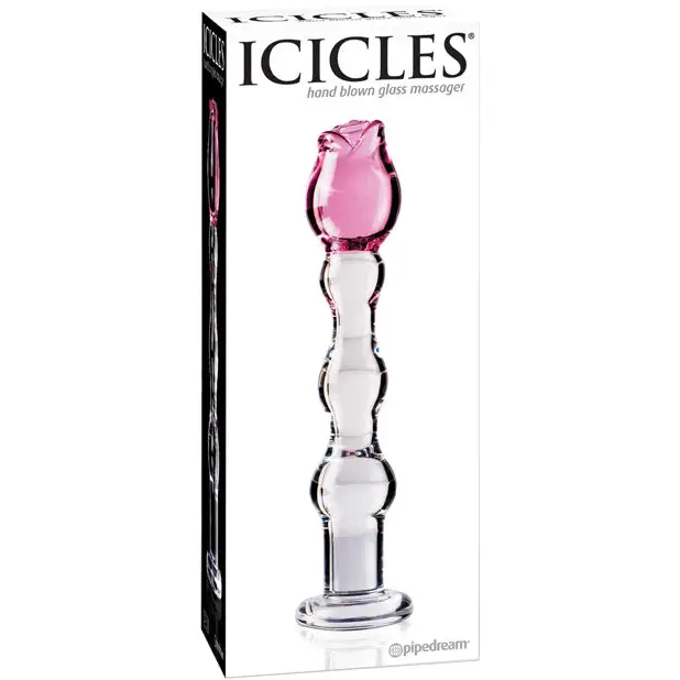 Icicles No. 12 Hand Blown Glass Massager - Clear w/Rose Tip - Dongs & Dildos