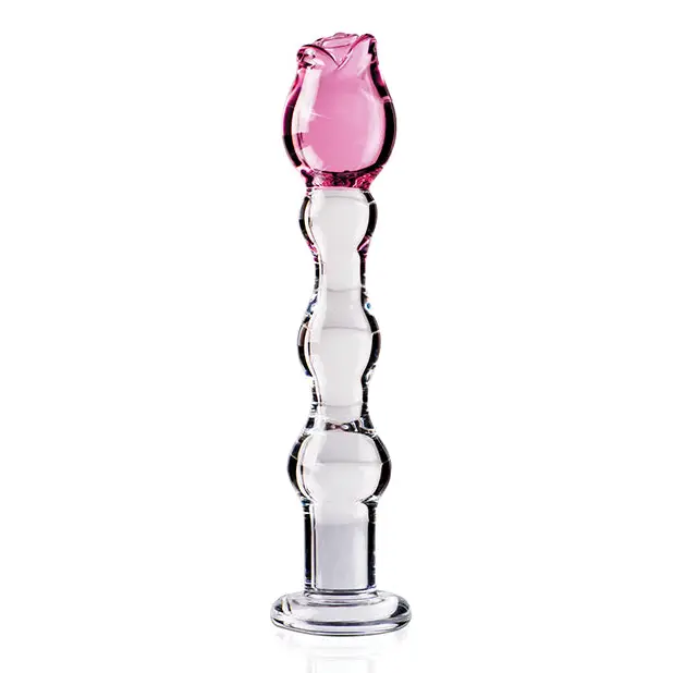 Icicles No. 12 Hand Blown Glass Massager - Clear w/Rose Tip - Dongs & Dildos