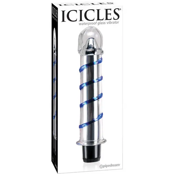 Icicles No. 20 Hand Blown Glass Vibrator Waterproof - Clear w/Blue Swirls - Dongs & Dildos