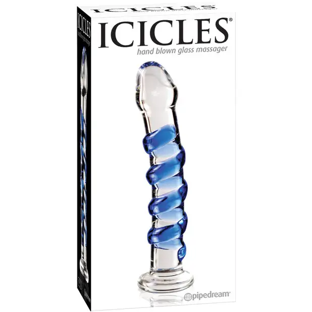 Icicles No. 5 Hand Blown Glass Massager - Clear w/Blue Swirls - Dongs & Dildos