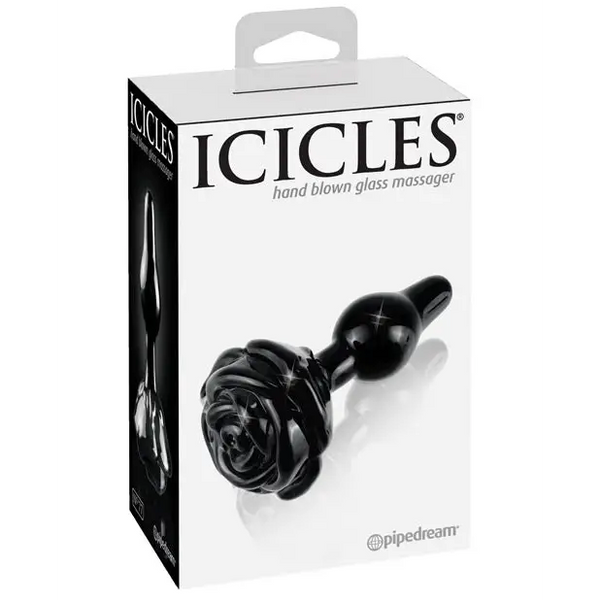 Icicles No. 77 Hand Blown Glass Rose Butt Plug - Black - Anal Products