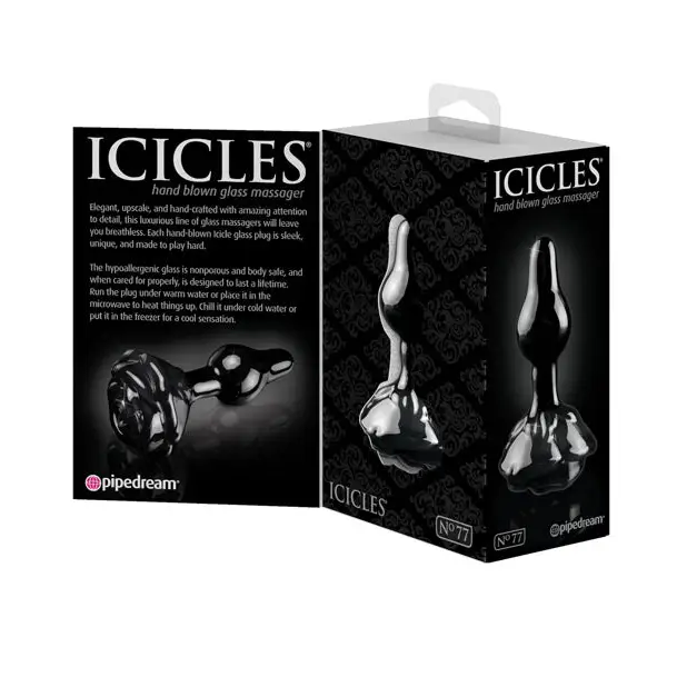 Icicles No. 77 Hand Blown Glass Rose Butt Plug - Black - Anal Products
