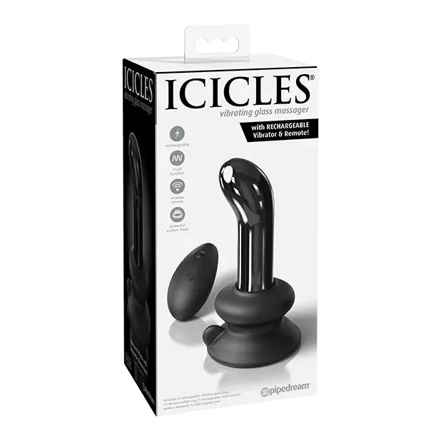 Icicles No. 84 Hand Blown Glass Vibrating Butt Plug w/Remote - Black - Anal Products