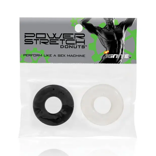 Ignite Power Stretch Donut Cock Ring - Clear/Black Pack of 2 - Penis Enhancement