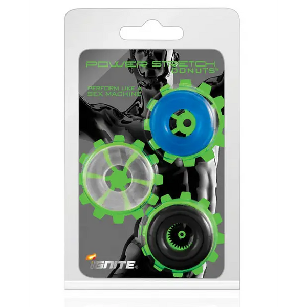 Ignite Power Stretch Donuts Cockrings - Pack of 3 Black/Clear/Blue - Penis Enhancement