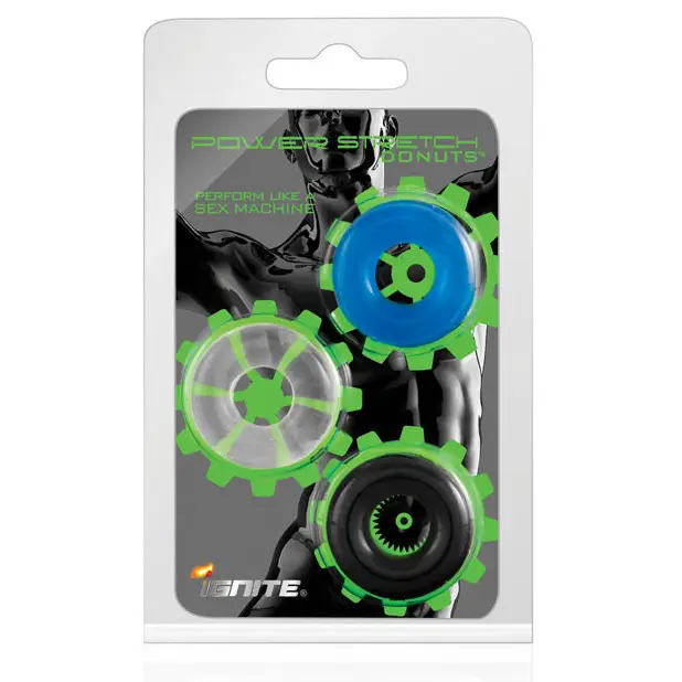 Ignite Power Stretch Donuts Cockrings - Pack of 3 Black/Clear/Blue - Penis Enhancement