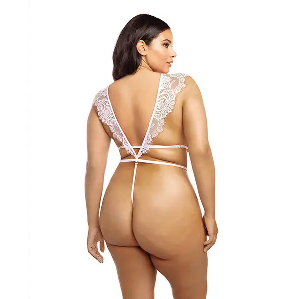 Imani Eyelash Lace Soft Cup High Leg Teddy Pink Tulle 1X/2X
