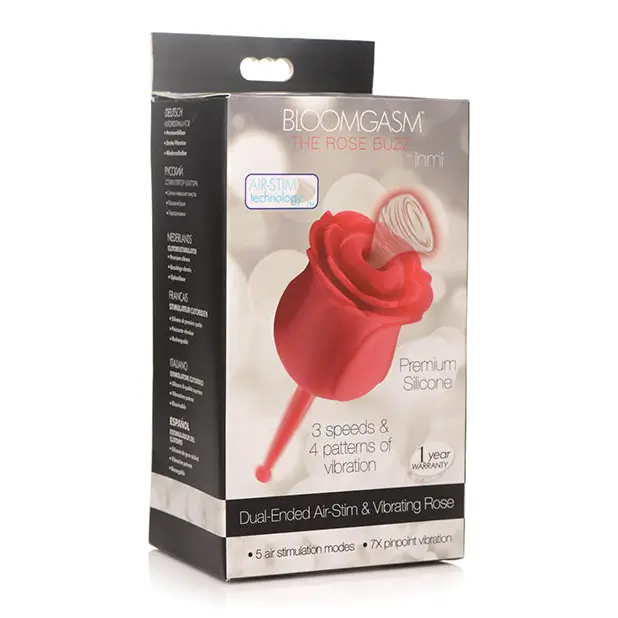 Inmi Bloomgasm Rose Buzz Dual Ended 5X Air Clit Stimulator & 7X Vibrator - Red - Stimulators