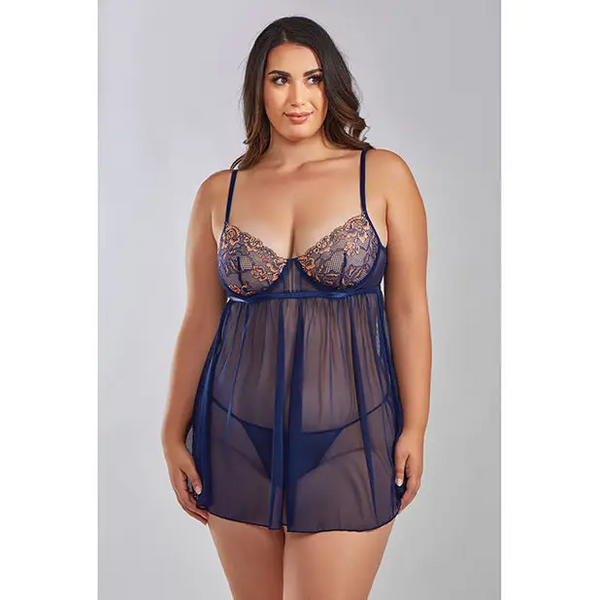 Jennie Cross Dyed Galloon Lace & Mesh Babydoll Navy 1X - Lingerie - Plus/Queen - Hanging