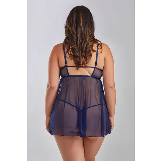 Jennie Cross Dyed Galloon Lace & Mesh Babydoll Navy 2X - Lingerie - Plus/Queen - Hanging