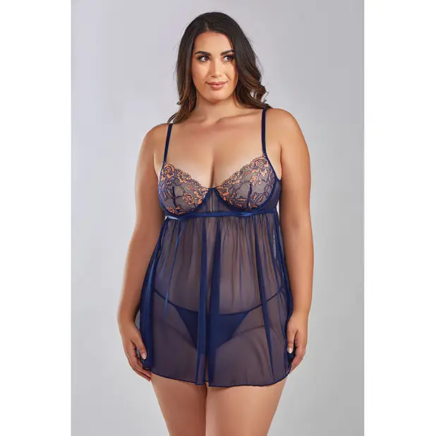 Jennie Cross Dyed Galloon Lace & Mesh Babydoll Navy 3X - Lingerie - Plus/Queen - Hanging