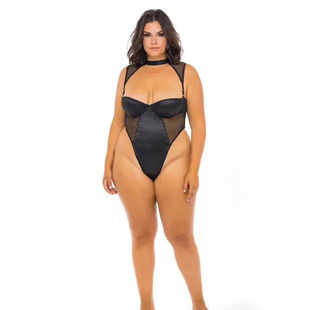 Josephine High Leg Teddy w/Removable Fishnet Collared Harness Black 3X - Lingerie - Plus/Queen - Hanging