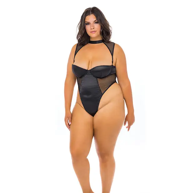 Josephine High Leg Teddy w/Removable Fishnet Collared Harness Black 3X - Lingerie - Plus/Queen - Hanging