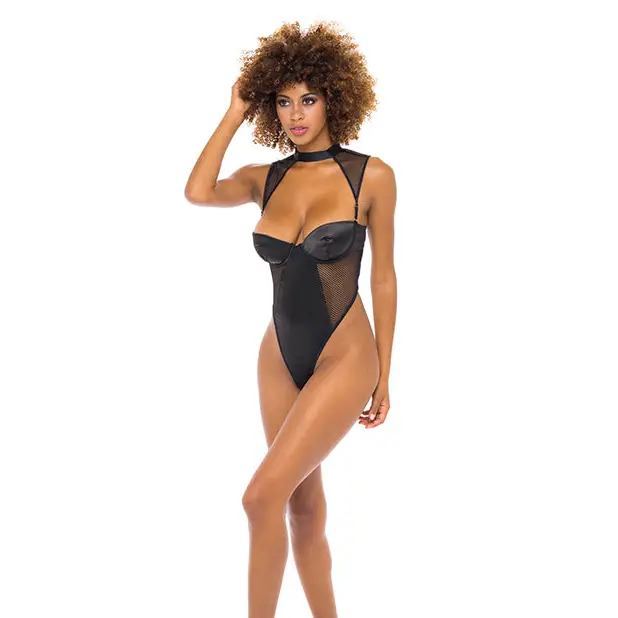 Josephine High Leg Teddy w/Removable Fishnet Collared Harness Black SM - Lingerie - Hanging