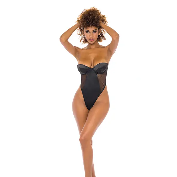 Josephine High Leg Teddy w/Removable Fishnet Collared Harness Black SM - Lingerie - Hanging