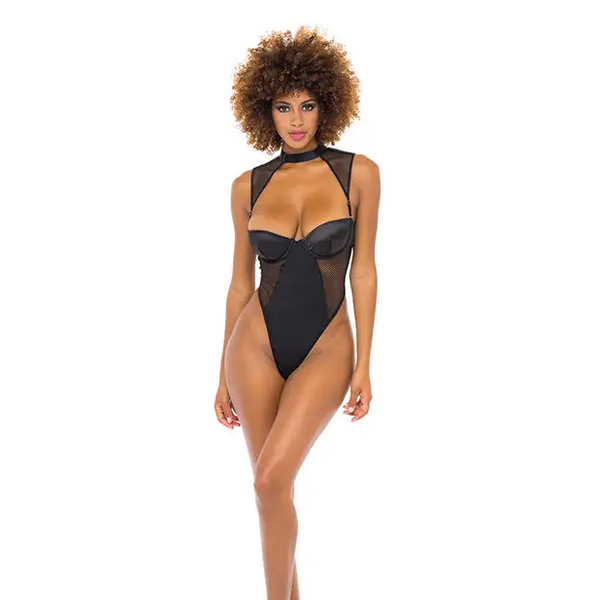 Josephine High Leg Teddy w/Removable Fishnet Collared Harness Black XL - Lingerie - Hanging