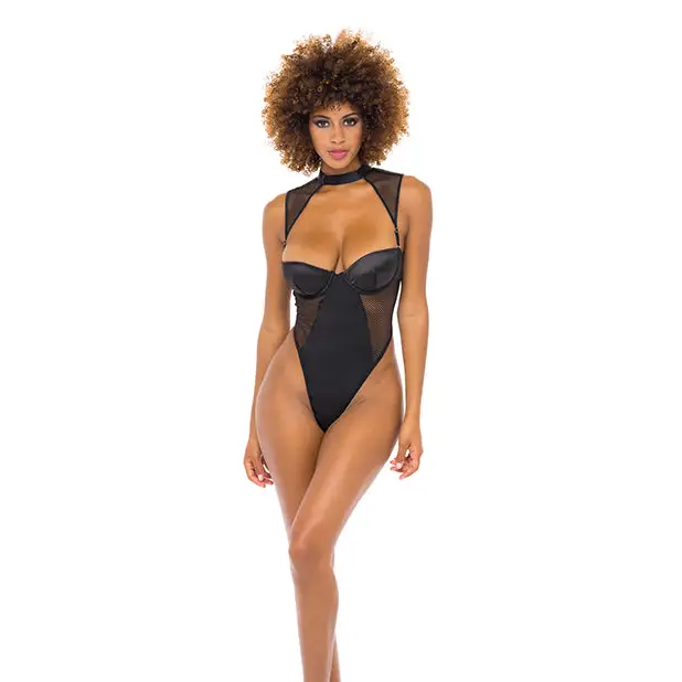 Josephine High Leg Teddy w/Removable Fishnet Collared Harness Black LG - Lingerie - Hanging
