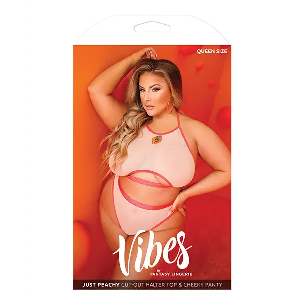 Just Peachy Cut Out Halter Top & Cheeky Panty Nude QN - Lingerie - Plus/Queen - Packaged