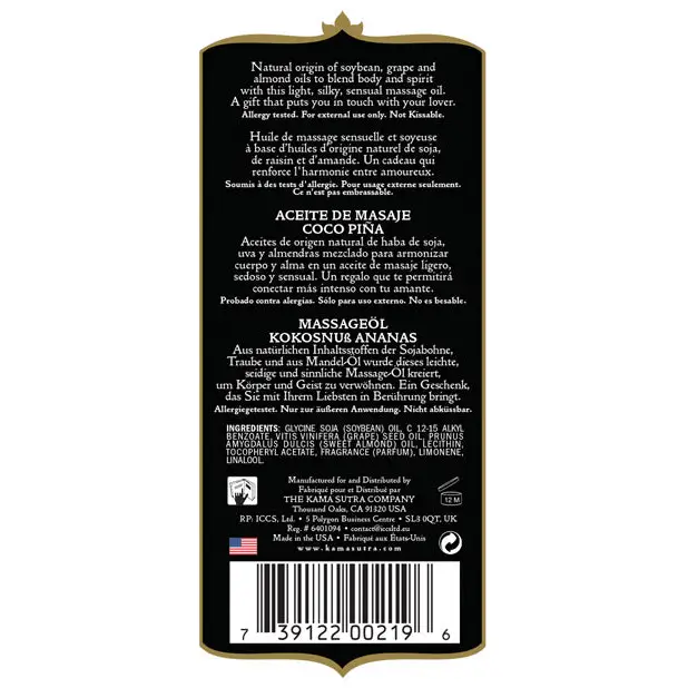 Kama Sutra Naturals Massage Oil - 8 oz Coconut Pineapple - Massage Products