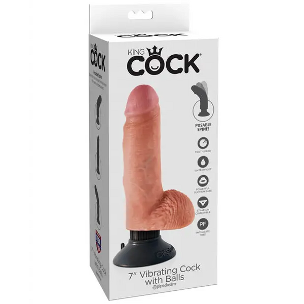 King Cock 7’’ Vibrating Cock w/Balls - Flesh - Dongs & Dildos