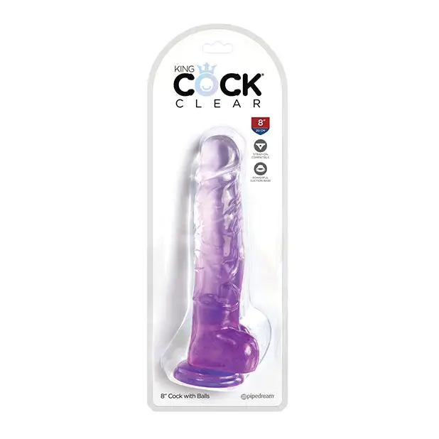 King Cock Clear 8’’ Cock w/Balls - Purple - Dongs & Dildos