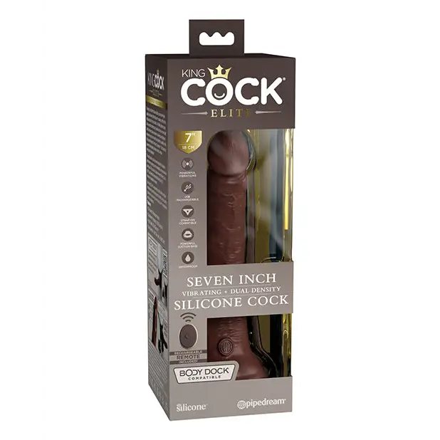 King Cock Elite 7’’ Dual Density Vibrating Silicone Cock w/Remote - Brown - Vibrators