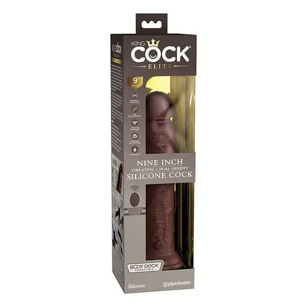 King Cock Elite 9’’ Dual Density Vibrating Silicone Cock w/Remote - Brown - Vibrators