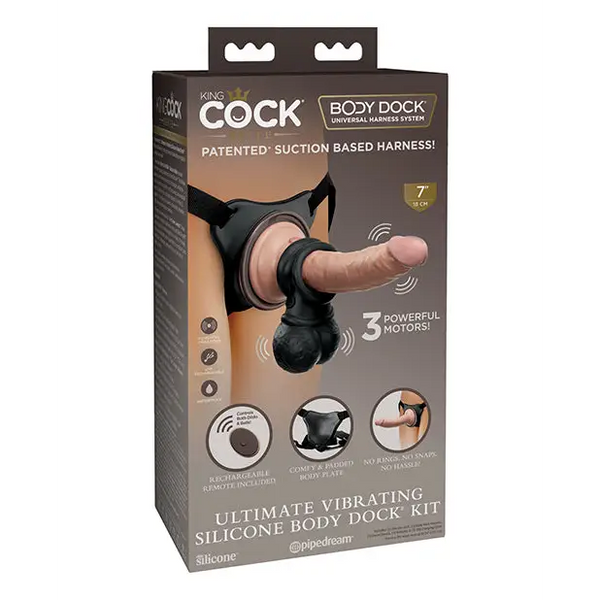 King Cock Elite Ultimate Vibrating Silicone Body Dock Kit w/Remote - Strap Ons