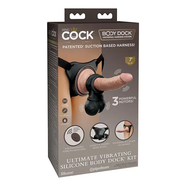 King Cock Elite Ultimate Vibrating Silicone Body Dock Kit w/Remote - Strap Ons