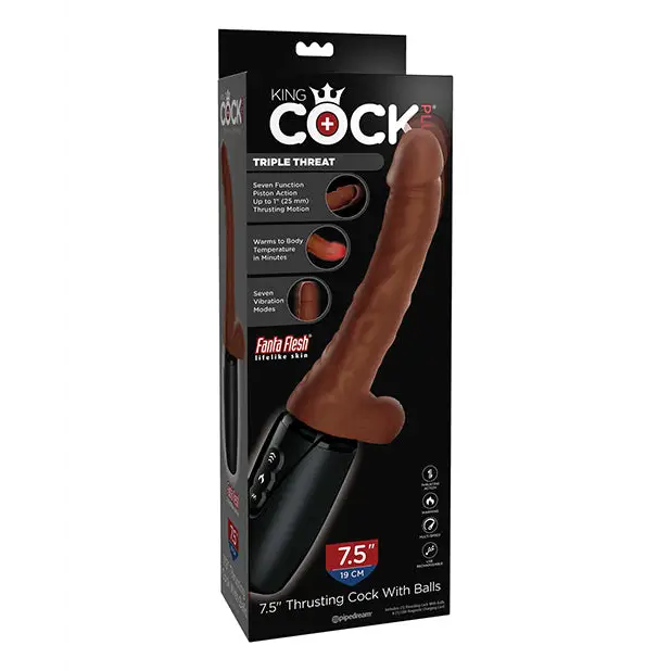 King Cock Plus Thrusting Warming & Vibrating 7.5’’ Triple Threat Dong - Brown - Vibrators