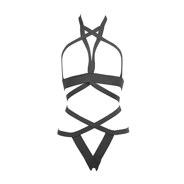Kitten It’s Complicated Open Elastic Strappy Bra & Open Back Panty Black O/S - Lingerie - Packaged