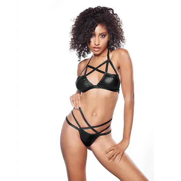 Kitten Sugar & Blush Criss Cross Bralette & Thong Black O/S - Lingerie - Packaged