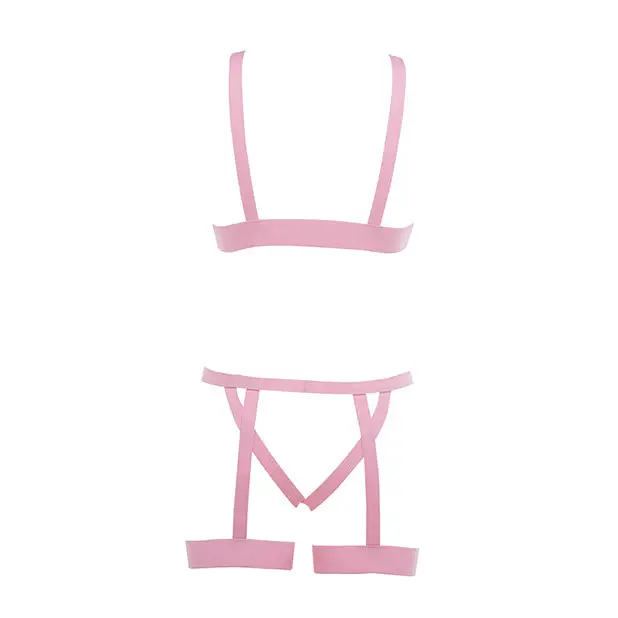 Kitten Teaser Strappy Open Cup Bra & Open Panty w/Leg Straps Pink O/S - Lingerie - Packaged