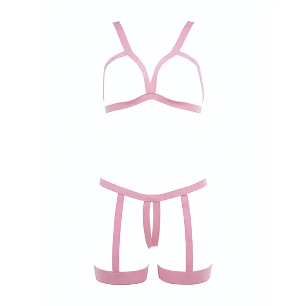 Kitten Teaser Strappy Open Cup Bra & Open Panty w/Leg Straps Pink O/S - Lingerie - Packaged