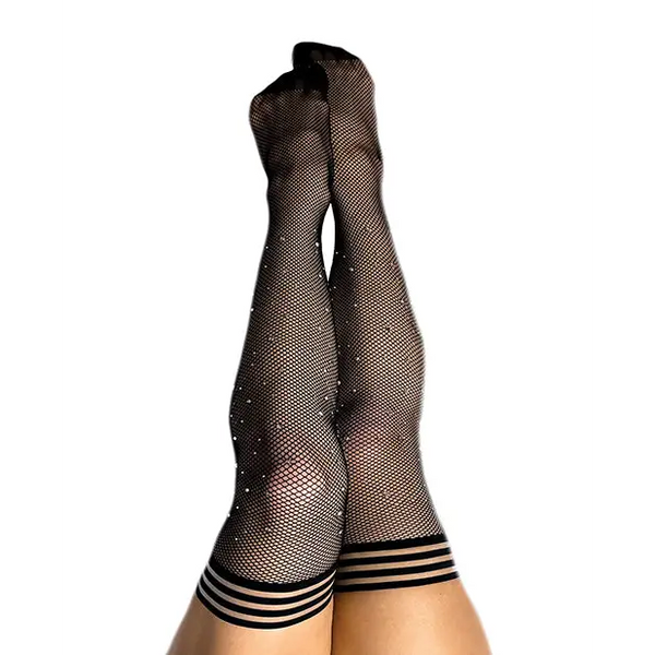 Kix’ies Angelica Fishnet Rhinestone Thigh High Black C - Lingerie - Packaged