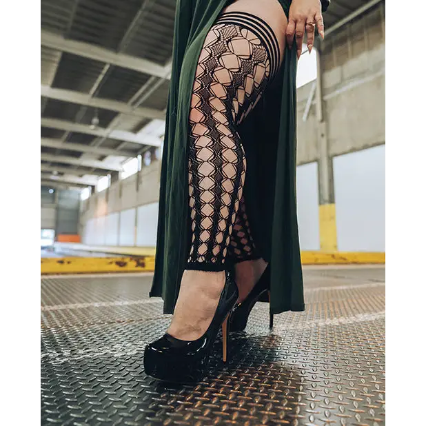 Kixies Jo Circle Fishnet Footless Thigh High Black D - Lingerie - Plus/Queen - Packaged