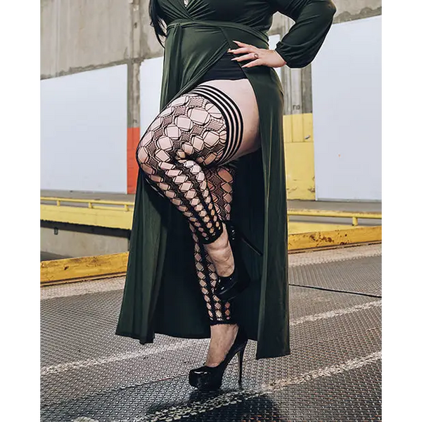 Kixies Jo Circle Fishnet Footless Thigh High Black D - Lingerie - Plus/Queen - Packaged